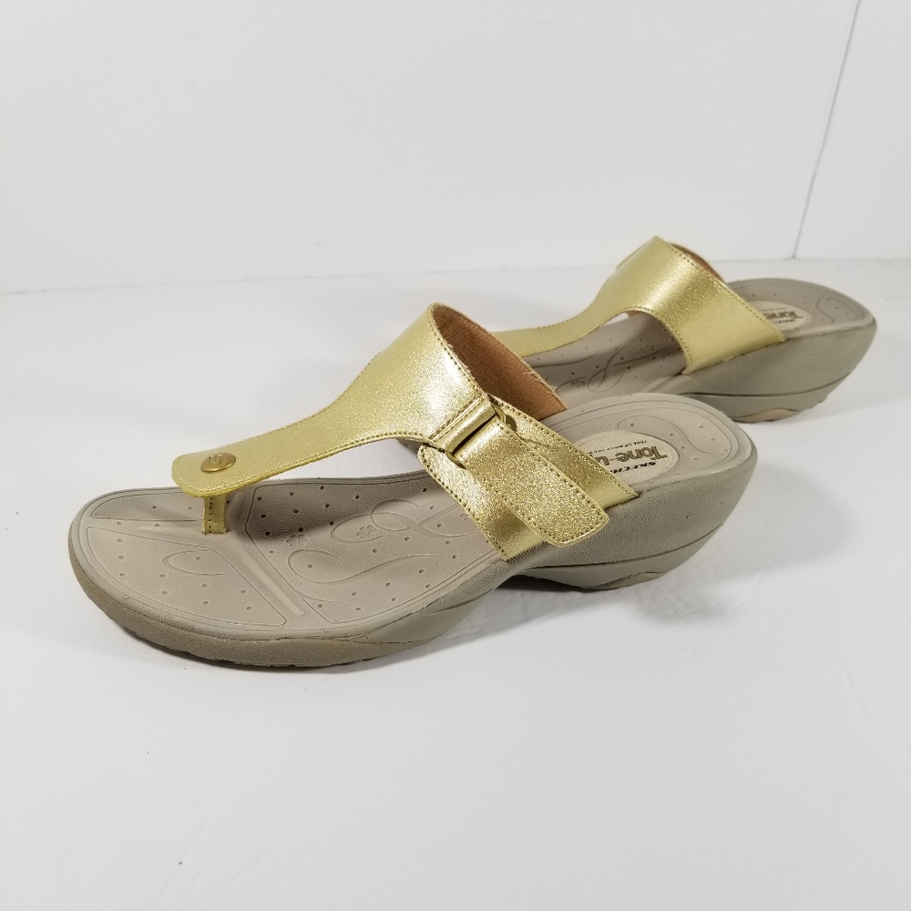 Skechers Tone Ups Sandals Women's Size 9 Thong Bright Gold Wedge Heel - Picture 2 of 9